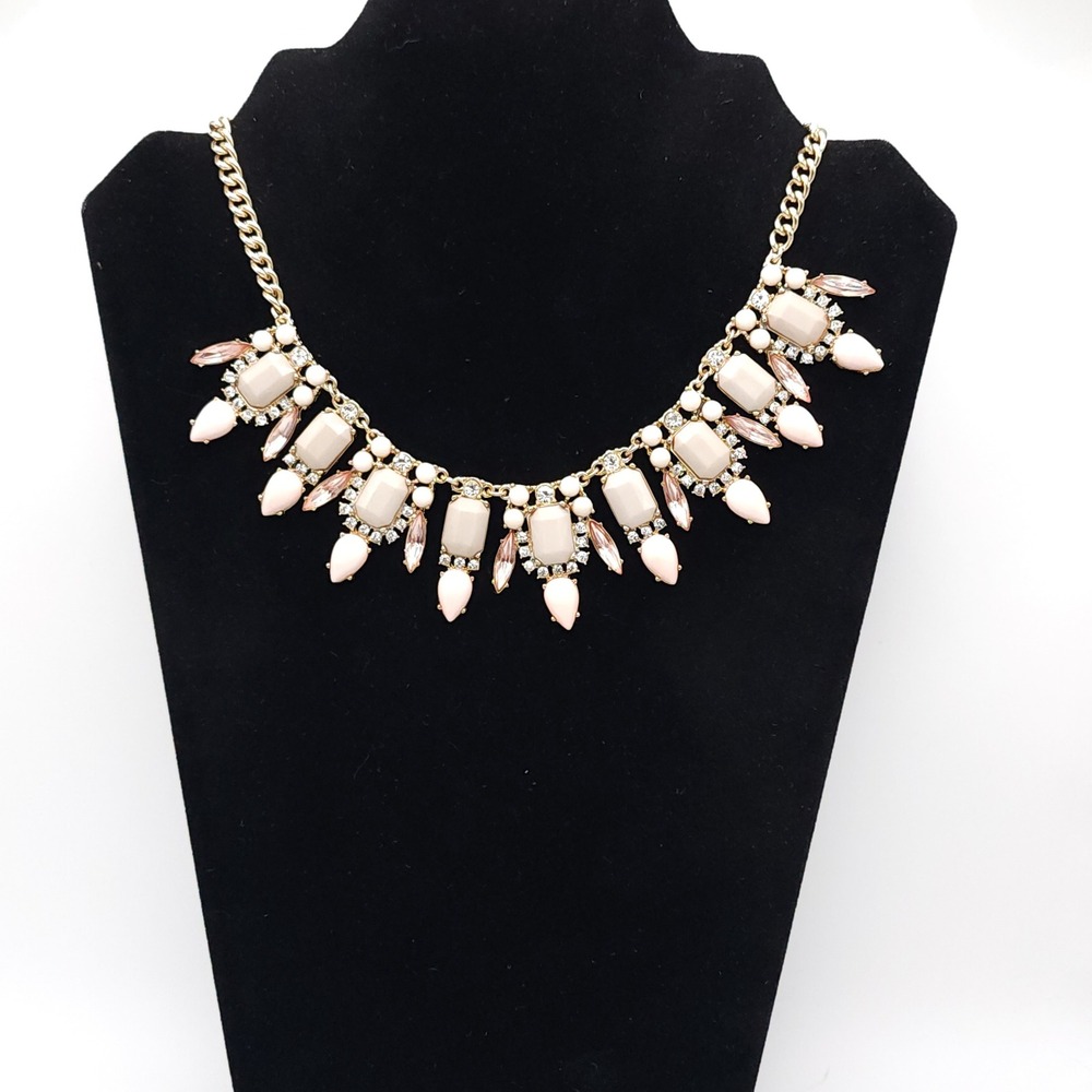Vintage Style Cream Resin Blush Pink Rhinestone Statement Bib Collar Necklace